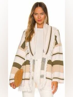 Tularosa Cream, Olive & Beige Striped Fringe Open-Front Cardigan
